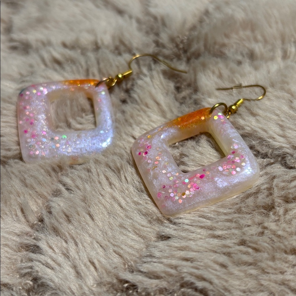 Elegant Pink and Gold Square Earrings (handmade)